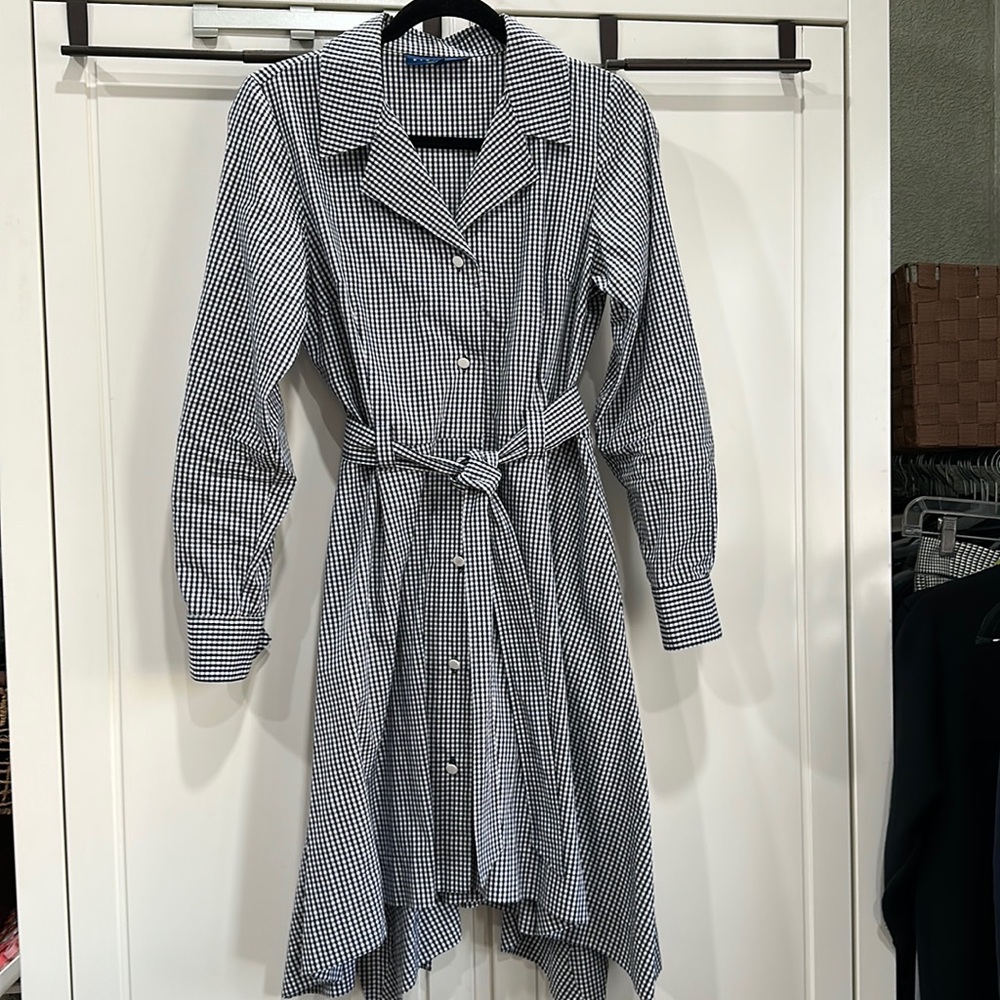 KikiLynn Shirt asymmetrical Dress  sz 10 Black Gingham Long Sleeve 100% Cotton